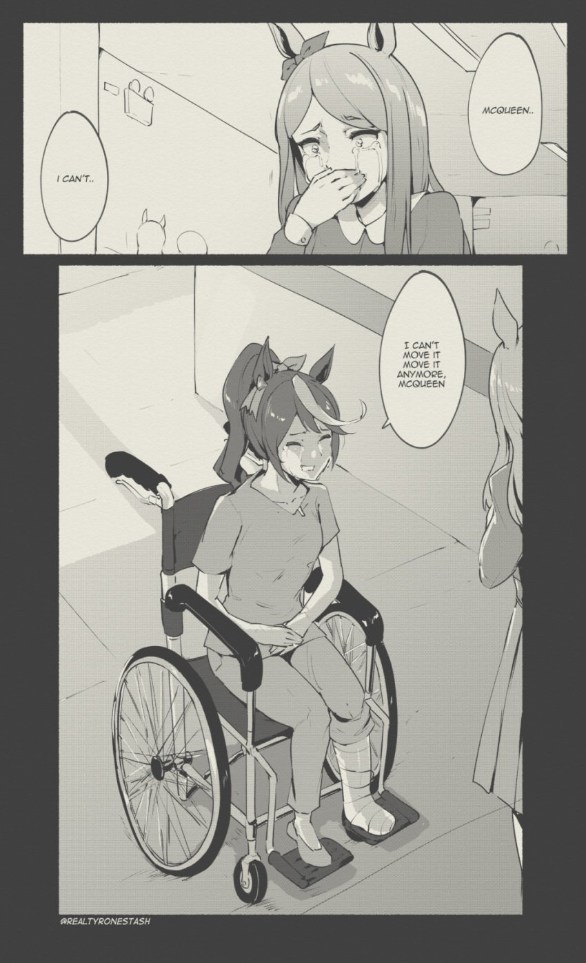 2girls, animal_ears, bow, broken_bone, cast, closed_eyes, crying, ear_bow, ear_ornament, greyscale, hair_between_eyes, high_ponytail, highres, horse_ears, horse_girl, hospital, long_hair, long_sleeves, madagascar_(series), mejiro_mcqueen_(umamusume), monochrome, multicolored_hair, multiple_girls, open_mouth, pants, ponytail, shirt, short_sleeves, smile, streaked_hair, streaming_tears, tears, tokai_teio_(umamusume), two-tone_hair, tyrone, umamusume, wheelchair