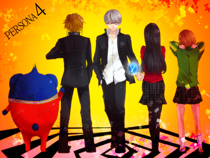 2boys, 2girls, amagi_yukiko, anaroguya, black_hair, brown_hair, from_behind, glasses