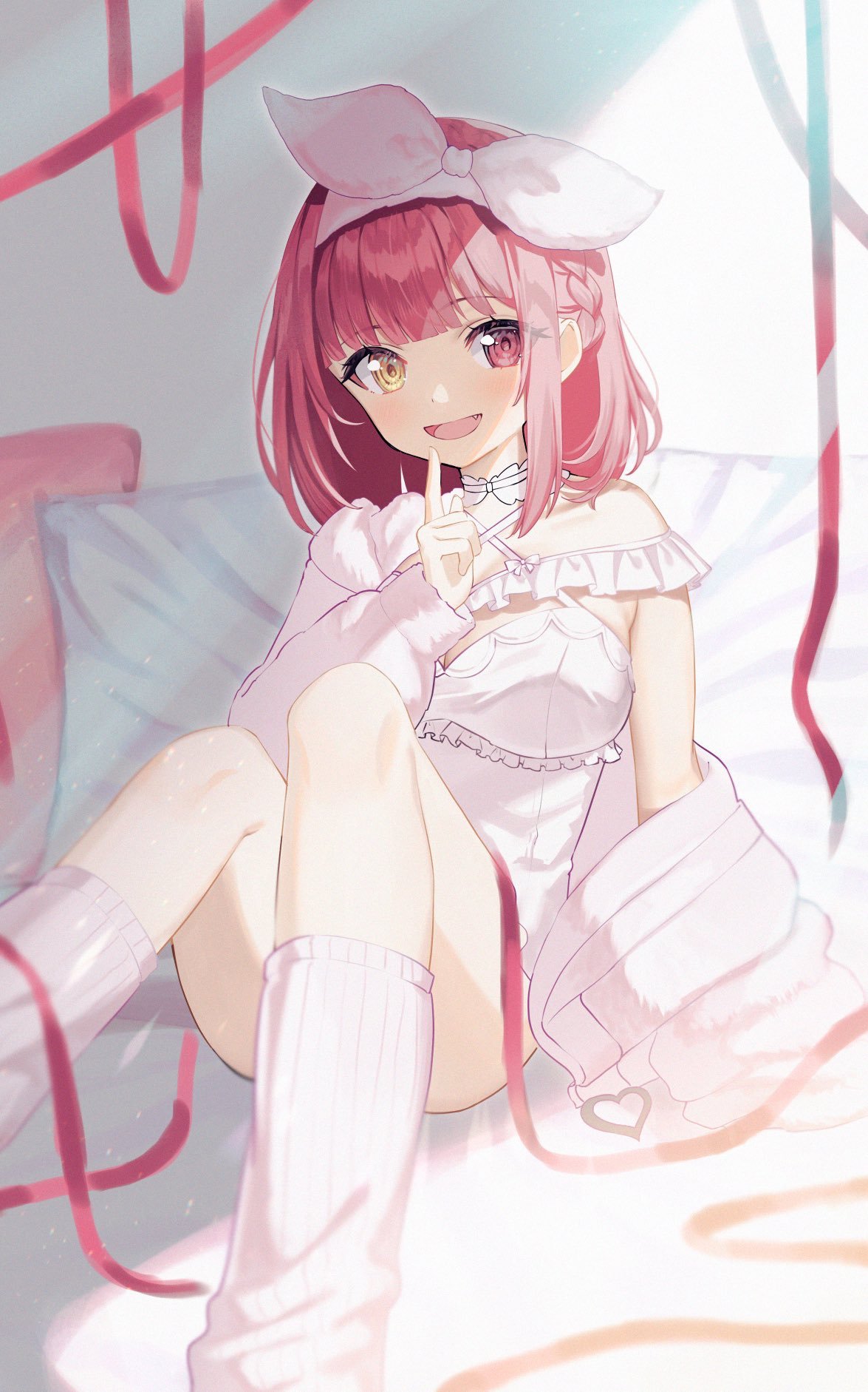 1girl, arm_support, bow, bow_hairband, breasts, cardigan, commentary_request, fang, feet_out_of_frame, film_grain, finger_to_mouth, frilled_shirt, frills, hairband, halter_shirt, halterneck, hand_up, heterochromia, highres, hololive, hood, hooded_cardigan, houshou_marine, index_finger_raised, indoors, knees_up, looking_at_viewer, medium_hair, off_shoulder, on_bed, open_cardigan, open_clothes, open_mouth, pillow, red_eyes, red_hair, ribbed_socks, segawa_luna, shirt, sitting, sleeveless, sleeveless_shirt, smile, socks, solo, virtual_youtuber, white_bow, white_cardigan, white_hairband, white_shirt, white_socks, yellow_eyes