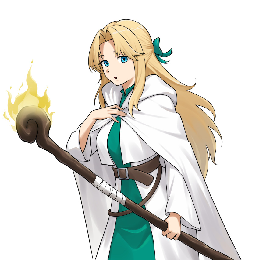 1girl, belt, blonde_hair, blue_eyes, claire_the_cleric, cloak, crystal_covenant, dial_kasper