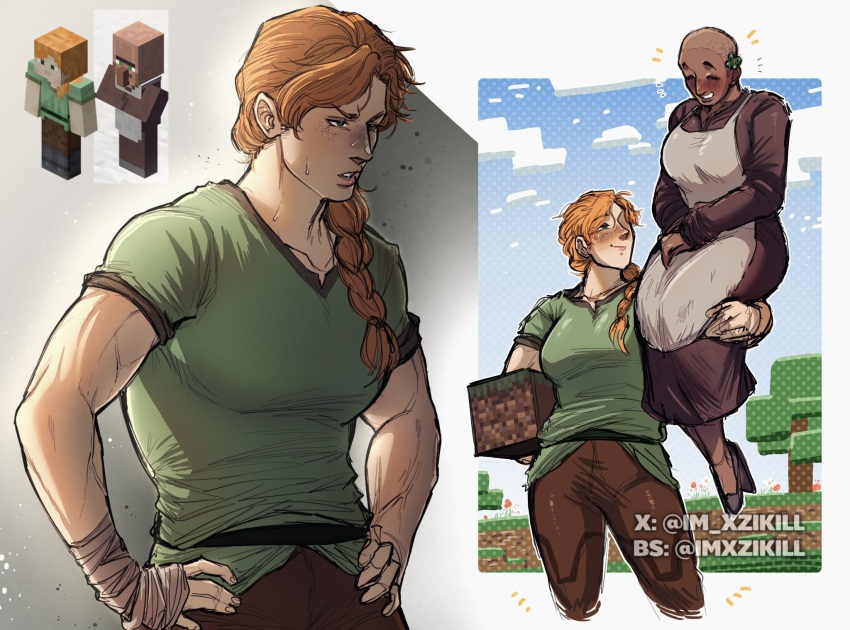 2girls, alex_(minecraft), apron, artist_name, bald, bald_female, block_(minecraft), blue_sky, blush, braid, carrying, carrying_person, clouds, cloudy_sky, dress, flower, freckles, green_eyes, green_shirt, hair_flower, hair_ornament, hands_on_own_hips, highres, long_hair, looking_to_the_side, minecraft, multiple_girls, muscular, muscular_female, orange_hair, screenshot_inset, shirt, single_braid, sky, sweat, tree, villager_(minecraft), white_apron, white_background, xzikill, yuri