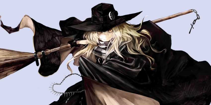 alternate_costume, banpai_akira, blonde_hair, broom, cape, cross, fingerless_gloves, gloves