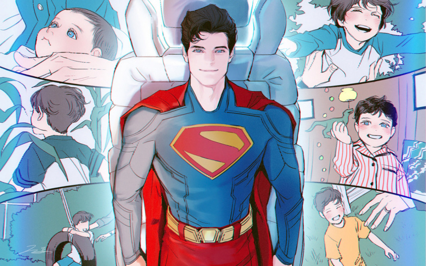 1boy, age_progression, belt, black_hair, blue_eyes, cape, clark_kent, closed_mouth