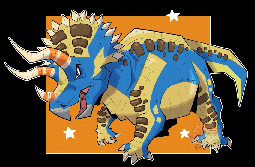 absurdres, artist_logo, claws, dinosaur, fossil_fighters, from_side, full_body, highres, horns, logo, no_humans, open_mouth, snek_snack, solo, star_(symbol), tail, tricera, triceratops, vivosaur