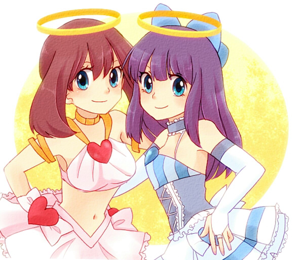 alternate_costume, alternate_headwear, blue_eyes, bridal_gauntlets, brown_hair, choker, cosplay, frills, hagino_aki, halo, halter_top, halterneck, haruka_(pokemon), hikari_(pokemon), midriff, multiple_girls, navel, no_hat, no_headwear, panty_&amp;_stocking_with_garterbelt, panty_(psg), panty_(psg)_(cosplay), pokemon, purple_hair, smile, stocking_(cosplay), stocking_(psg), stocking_(psg)_(cosplay)