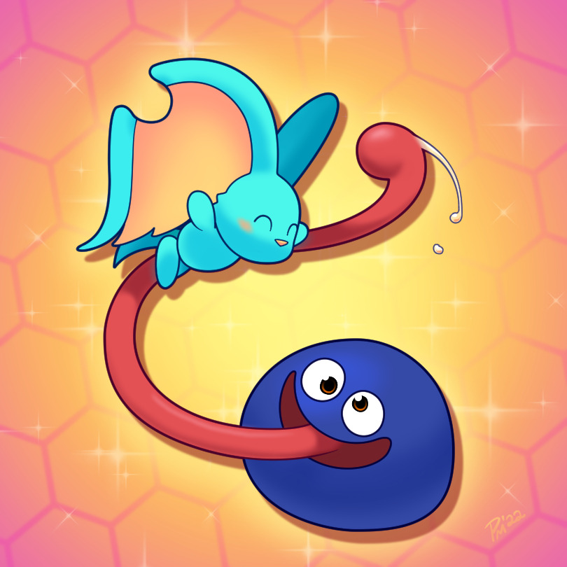 blue_skin, closed_eyes, colored_skin, elfilin, gooey_(kirby), honeycomb_(pattern), honeycomb_background, kirby_(series)