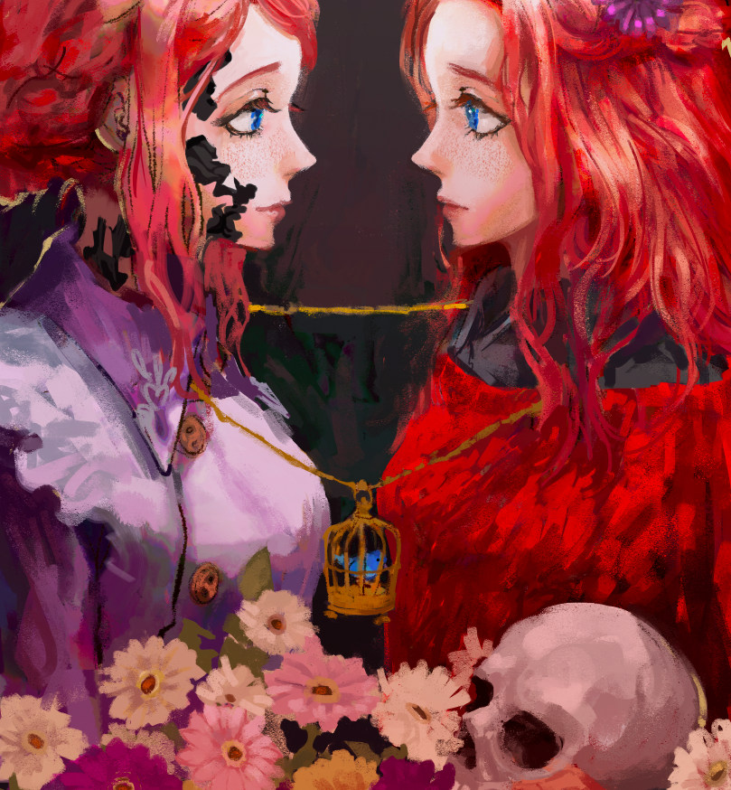 2girls, android, bird, birdcage, blue_eyes, bluebird, bubblebrow, cage, closed_mouth, commentary, diana_(kyokugen_dasshutsu), english_commentary, eyelashes, flower, freckles, from_side, jewelry, kyokugen_dasshutsu, kyokugen_dasshutsu_adv:_zennin_shibou_desu, lips, long_hair, looking_at_another, luna_(kyokugen_dasshutsu), multiple_girls, necklace, orange_hair, red_sweater, sidelocks, skull, spoilers, sweater, upper_body, zero_escape:_toki_no_dilemma