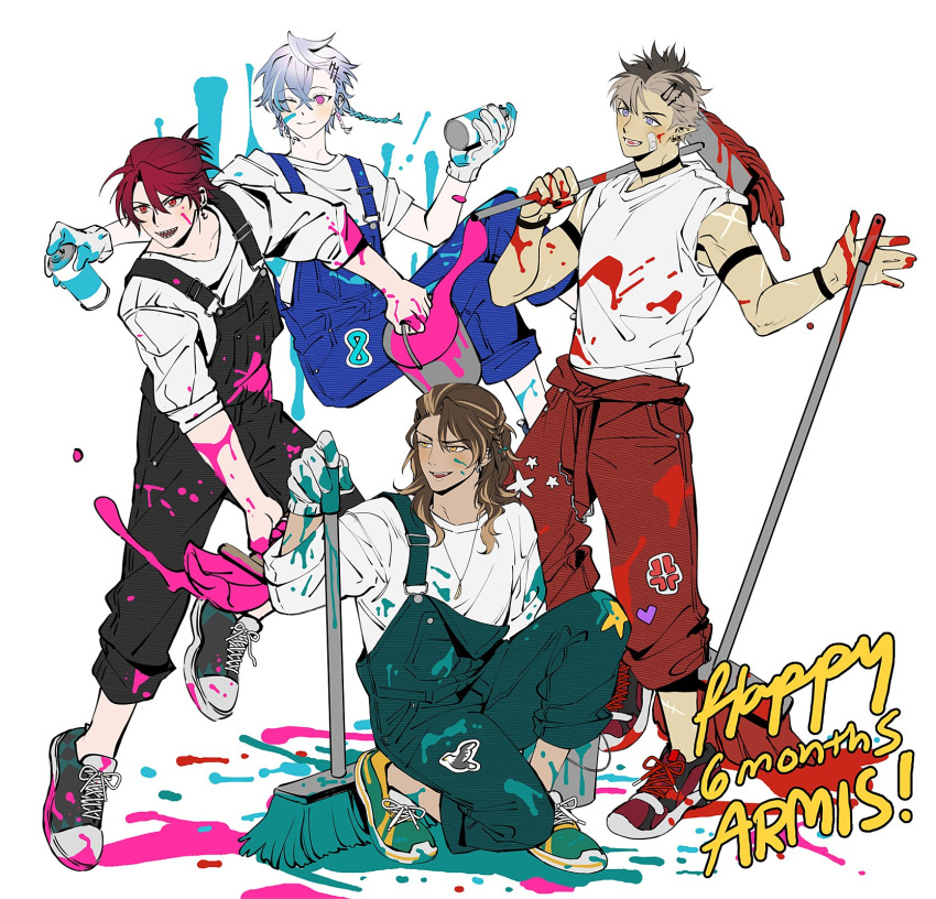 4boys, alternate_costume, black_overalls, blue_hair, blue_overalls, brown_hair, bucket, clothes_around_waist