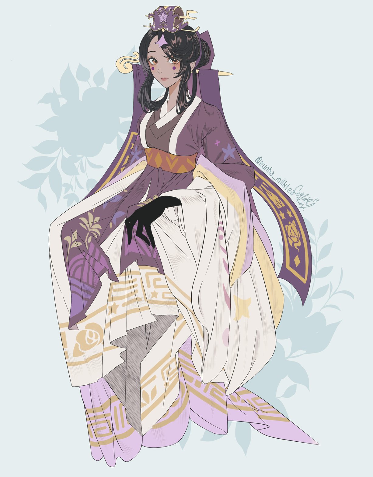 1girl, black_gloves, black_hair, breasts, brown_eyes, caramel_arrow_cookie, caramel_arrow_cookie_(oathkeeper's_hwarot), circle_facial_mark, closed_mouth, cookie_run, cookie_run:_kingdom, dark-skinned_female, dark_skin, eunha_milktea, eyelashes, eyes_visible_through_hair, floral_background, full_body, gloves, grey_background, hair_bun, highres, invisible_chair, japanese_clothes, kimono, long_sleeves, looking_at_viewer, medium_hair, official_alternate_costume, official_alternate_hair_length, official_alternate_hairstyle, purple_kimono, red_lips, ring_sidelocks, simple_background, single_hair_bun, sitting, small_breasts, smile, solo, twitter_username, wide_sleeves