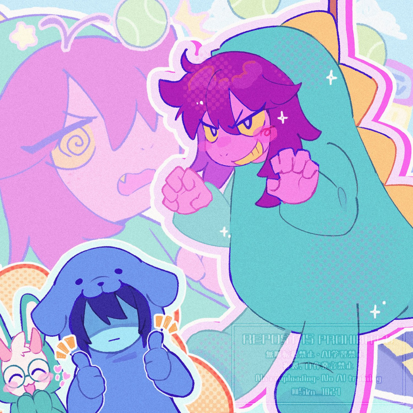 1boy, 1girl, 1other, @_@, animal_ears, ball, blue_hair, blue_skin