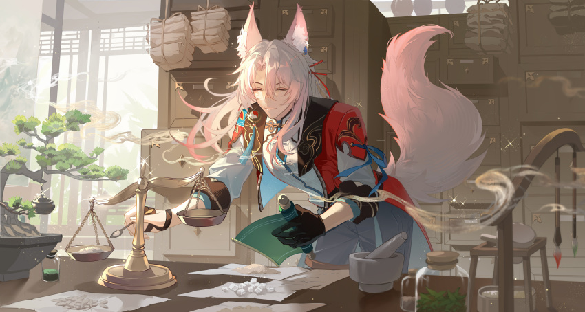 >:), 1boy, ^_^, absurdres, animal_ear_piercing, animal_ears, architecture, balance_scale, bandaged_hand, bandages, black_bandages, black_gloves, black_pants, blue_ribbon, bonsai, calligraphy_brush, chinese_clothes, chinese_commentary, closed_eyes, closed_mouth, cowboy_shot, curtained_hair, day, drawer, east_asian_architecture, eyeshadow, fox_boy, fox_ears, fox_tail, glint, gloves, hair_between_eyes, hair_ornament, hair_stick, herb, highres, holding, holding_scroll, holding_spoon, honkai:_star_rail, honkai_(series), jacket, jar, jiaoqiu_(honkai:_star_rail), leaning_forward, light_particles, long_hair, makeup, male_focus, medicine, mortar_(bowl), open_clothes, open_drawer, open_jacket, package, paintbrush, paintbrush_rack, pants, paper, pestle, pink_eyeshadow, pink_hair, plant, potted_plant, red_jacket, ribbon, scroll, shirt, single_glove, sleeve_cuffs, smile, smoke, solo, sparkle, spoon, standing, table, tail, tangzhuang, thigh_strap, three-quarter_sleeves, v-shaped_eyebrows, waist_cape, wei_yi, weighing_scale, white_shirt