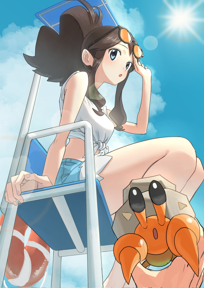 1girl, alternate_costume, asamaru1225, blue_eyes, blue_shorts, blue_sky, breasts, brown_hair
