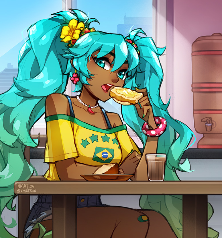 1girl, aqua_eyes, aqua_hair, bare_shoulders, brazilian_flag, brazilian_flag_print, brazilian_miku, chair