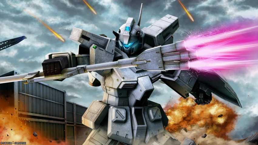battle, beam_trident, blue_visor, clouds, cloudy_sky, container, copyright_notice, debris