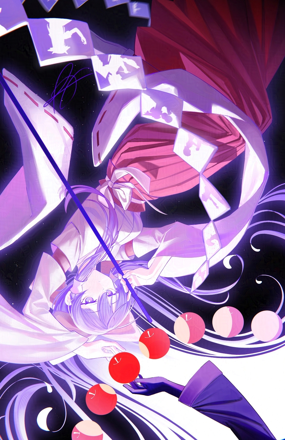 1girl, alice_margatroid, apple, bad_apple!!, bite_mark, black_background, bow, detached_sleeves