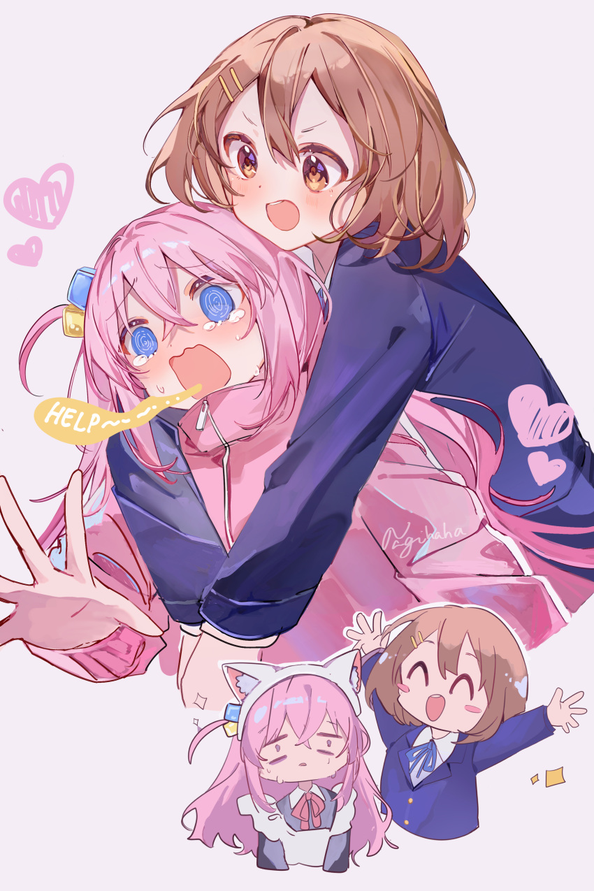 2girls, absurdres, animal_ears, arms_up, blazer, blue_jacket, bocchi_the_rock!, brown_eyes, brown_hair, cat_ears, company_connection, crossover, cube_hair_ornament, fake_animal_ears, genre_connection, gotoh_hitori, hair_ornament, hairclip, heart, highres, hirasawa_yui, hug, hug_from_behind, instrument_connection, jacket, k-on!, long_hair, maid, multiple_girls, nagihaha, official_alternate_costume, pink_jacket, sakuragaoka_high_school_uniform, school_uniform, short_hair, track_jacket