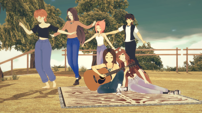 1960s_(fashion), 1960s_(style), 2boys, 2boys4girls, 3d, 4girls, alternate_costume, alternate_hairstyle