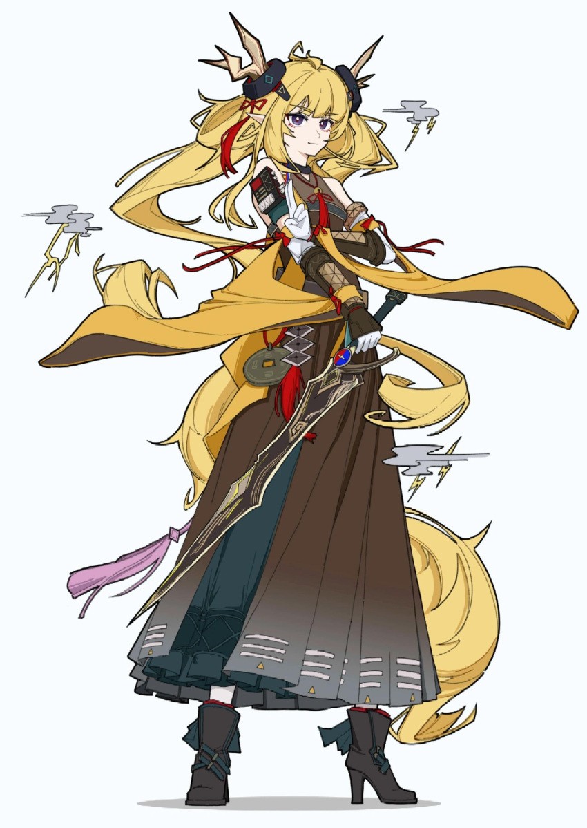 1girl, absurdres, arknights, bad_source, bare_shoulders, black_gloves, blonde_hair, boots, detached_sleeves, dragon_horns, dress, elbow_gloves, full_body, gloves, hair_ornament, high_heel_boots, high_heels, highres, holding, holding_sword, holding_weapon, horns, hulu_maobing, leizi_(arknights), leizi_the_thunderbringer_(arknights), long_hair, long_skirt, looking_at_viewer, pointy_ears, simple_background, skirt, smile, solo, standing, sword, tail, tassel, very_long_hair, violet_eyes, weapon, white_background