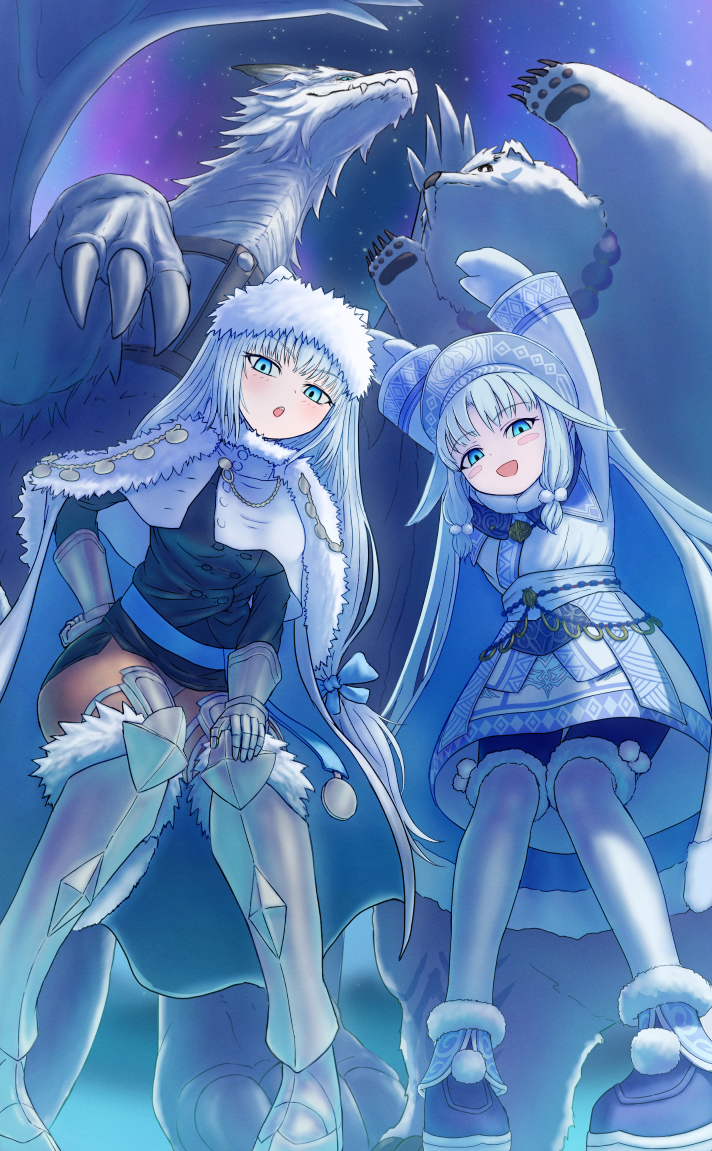2girls, aurora, bear, blue_eyes, burko_(fate), cloak, dobrynya_nikitich_(fate), dragon, fate/grand_order, fate_(series), from_below, gloves, hands_up, hat, long_hair, looking_at_viewer, mittens, multiple_girls, night, open_mouth, pantyhose, shirou_(bear)_(fate), sitonai_(fate), sitonai_(third_ascension)_(fate), sky, smile, star_(sky), starry_sky, ttmt, very_long_hair, white_hair, winter_clothes