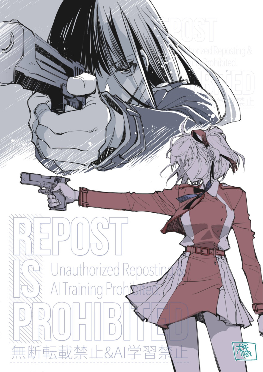 2girls, arm_at_side, bob_cut, closed_mouth, covered_mouth, dress, greyscale, gun