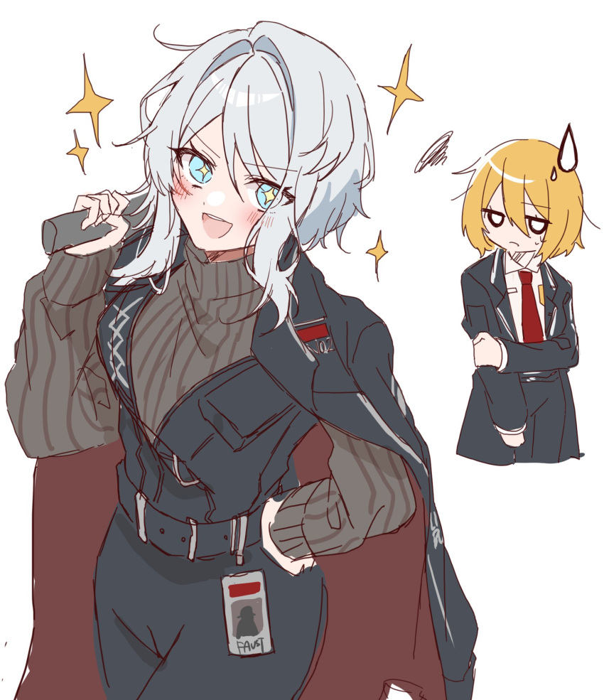 2girls, black_jacket, black_pants, black_vest, blonde_hair, blue_eyes, breasts, brown_sweater