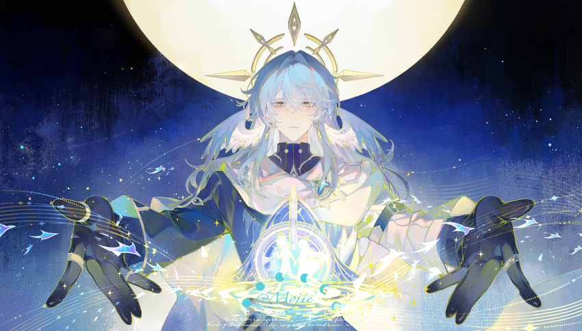 1boy, absurdres, artist_name, bird, black_gloves, blue_coat, blue_hair, blue_pupils