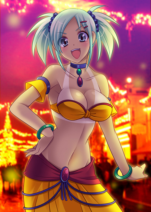 bandeau, bracelet, breasts, cleavage, hand_on_hip, jewelry, large_breasts, linda-r-2007, open_mouth, rio_-rainbow_gate!-, super_blackjack, tan, tanline, tokinon