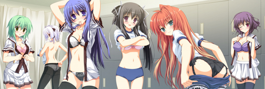 6girls, :d, :o, adjusting_pantyhose, amamiya_ayane, aqua_eyes, back, black_hair, black_panties, blue_eyes, blue_hair, bow, bow_panties, bra, breasts, buruma, buruma_pull, cleavage, dressing, fortissimo//akkord:bsusvier, game_cg, garter_belt, garters, green_hair, gym_uniform, hair_ribbon, highres, kajiura_umi, kurobane_sayuki, la'cryma, lingerie, locker_room, mizusaka_miki, mouth_hold, multiple_girls, navel, ooba_kagerou, open_clothes, open_mouth, open_shirt, panties, panties_under_pantyhose, pantyhose, pink_bra, pink_eyes, purple_bra, red_hair, ribbon, satomura_momiji, school_uniform, shirt, shirt_lift, smile, suzushiro_nagisa, thigh-highs, thighhighs, underwear, undressing, wink
