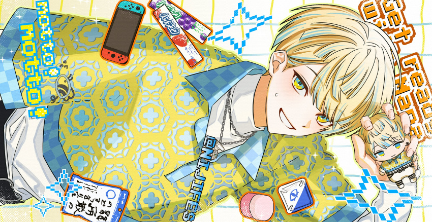 1boy, bee, blonde_hair, blue_eyes, blue_hair, blue_shirt, bug, character_doll