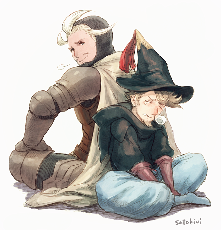 2boys, argent_heinkel, armor, artist_name, back-to-back, black_hat, blonde_hair, blue_pants