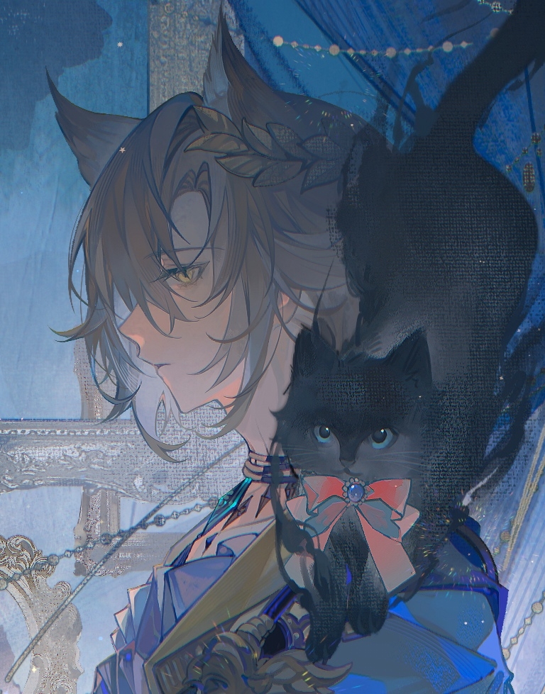 1boy, animal_ears, animal_on_shoulder, aqua_gemstone, arknights, black_cat, blue_ribbon, brooch