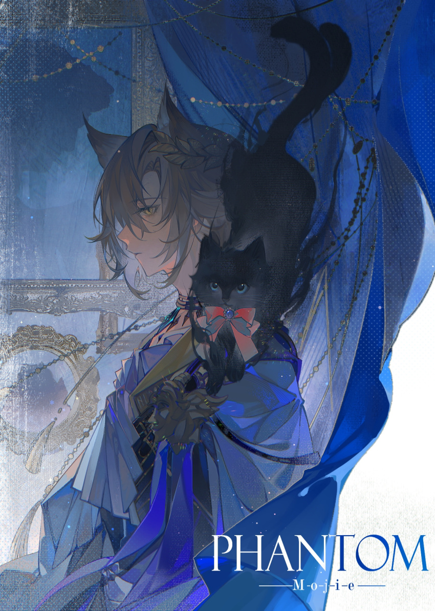 1boy, animal_ears, animal_on_shoulder, aqua_gemstone, arknights, artist_name, black_cat, black_jacket