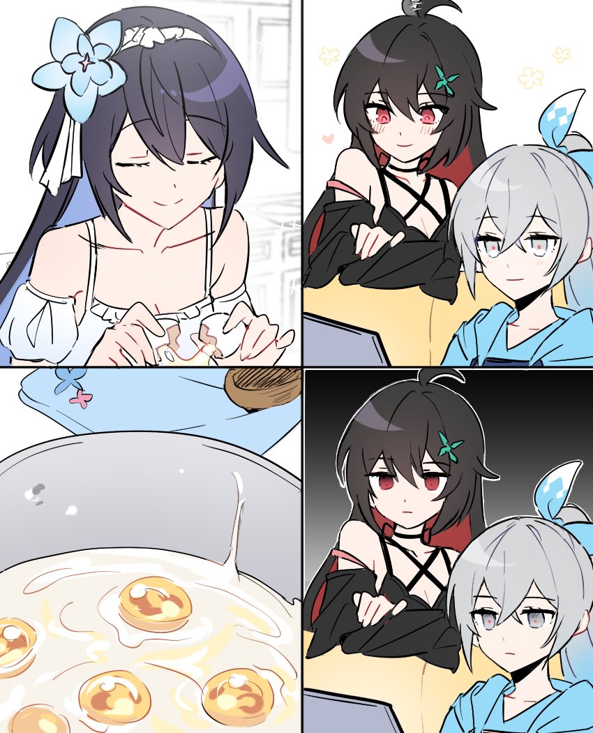 3girls, 6_(yuchae), black_hair, blue_flower, blue_hair, blue_hoodie, blue_ribbon, bowl