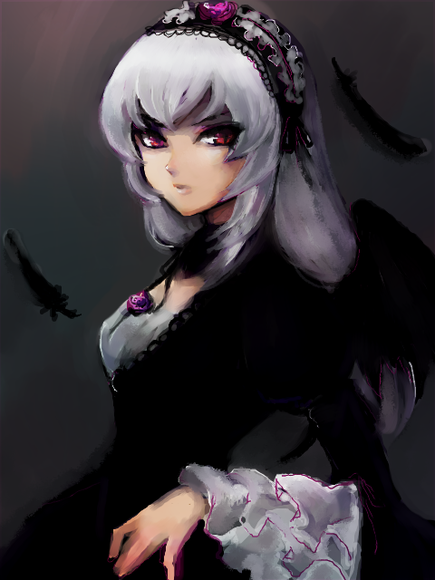 1girl, black_collar, black_dress, black_hairband, black_wings, closed_mouth, collar, commentary_request
