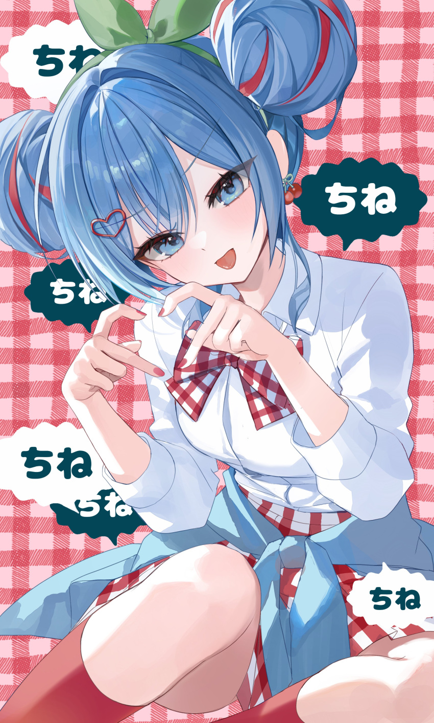 1girl, absurdres, blue_eyes, blue_hair, blush, bow, bow_hairband, bowtie