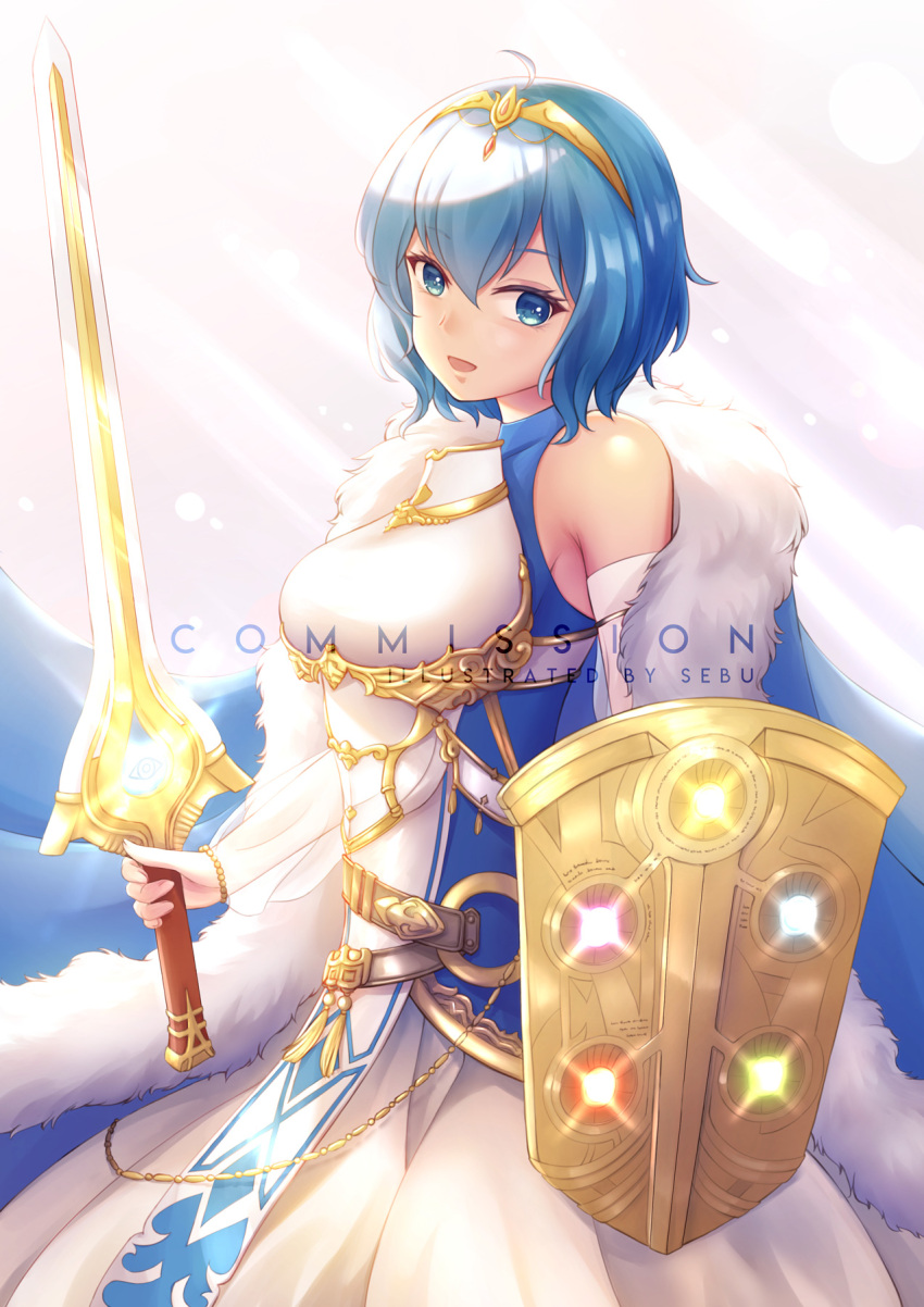1girl, armor, armored_dress, artist_name, bare_shoulders, binding_shield, blue_eyes, blue_hair