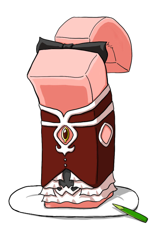 anko_(food), bad_id, bow, dress, food, hair_bow, mahou_shoujo_madoka_magica, nagareyama, objectification, parody, plate, pun, red_dress, sakura_kyouko, solo, sweets, uirou_(food), wagashi, what, youkan_(food)