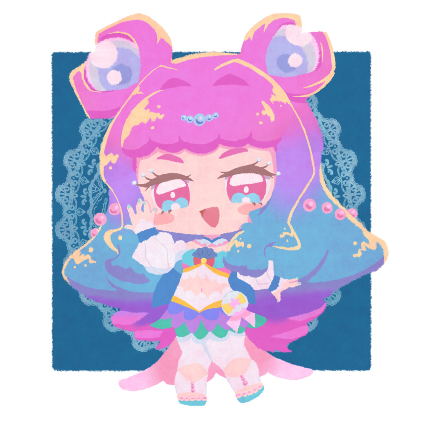 1girl, :d, aqua_nails, bare_shoulders, beads, blue_background, blue_hair, blue_sandals