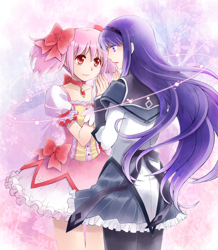 akemi_homura, bad_id, bubble_skirt, choker, eye_contact, floating_hair, flower, gloves