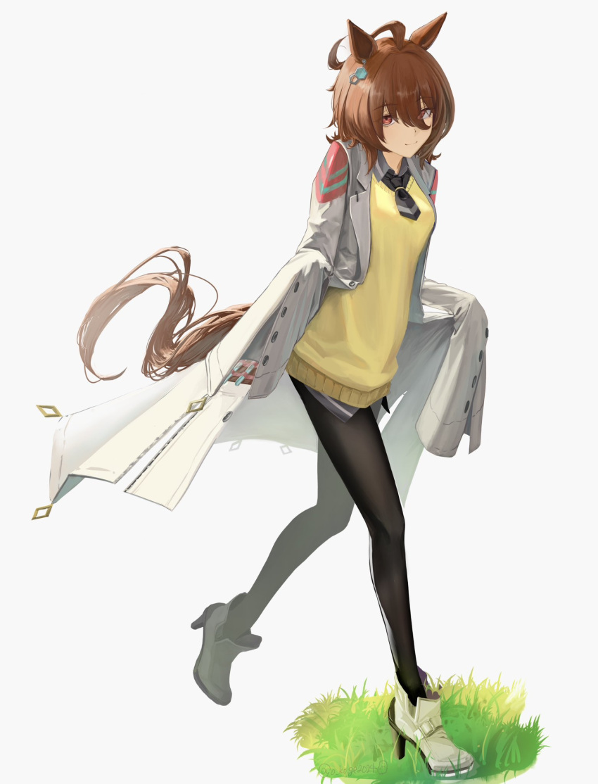1girl, agnes_tachyon_(umamusume), ahoge, animal_ears, black_necktie, black_pantyhose, brown_hair, closed_mouth