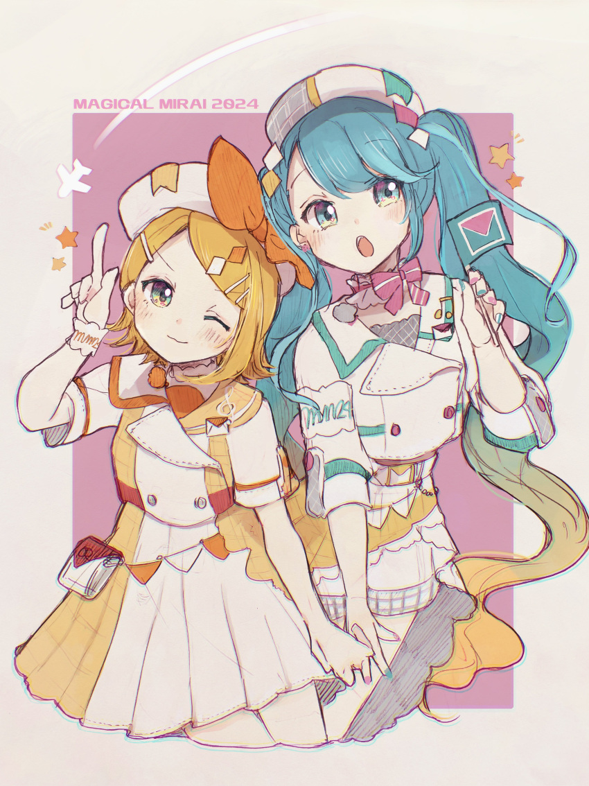 2girls, absurdres, aqua_eyes, aqua_hair, beret, blonde_hair, blush, bow