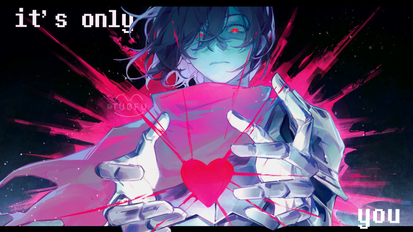 1other, absurdres, artist_name, black_background, blue_hair, blue_skin, cape, colored_skin, deltarune, english_text, gauntlets, heart, highres, kris_(dark_world)_(deltarune), kris_(deltarune), letterboxed, looking_down, other_focus, outside_border, pink_cape, red_eyes, short_hair, solo, soul_(deltarune), tuofu, upper_body, utdr_(toby_fox)