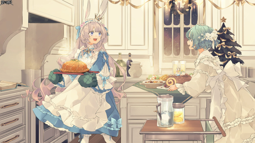 2girls, :d, animal_ears, apron, aqua_hair, blue_dress, blue_eyes, book, bottle, cabinet, cake, christmas_tree, cooking, cooking_pot, copyright_name, dairoku_ryouhei, dress, food, grey_hair, highres, holding, holding_tray, indoors, kitchen, ladle, long_hair, maid_apron, maid_headdress, marshmallow_alamode, multiple_girls, open_book, oven_mitts, pie, pitcher_(container), rabbit_ears, seiyakarutaken, short_hair, smile, steam, swiss_roll, tita_nostaria, tray, very_long_hair, white_dress