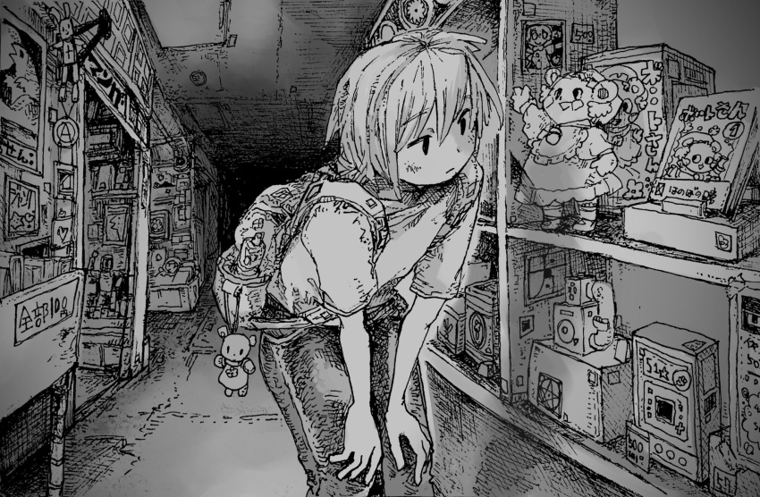 1girl, backpack, bag, closed_mouth, crosshatching, doll, greyscale, hands_on_own_knees