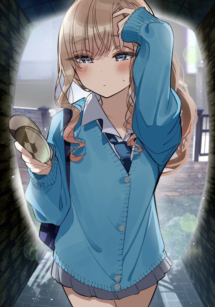 1girl, adjusting_hair, bad_girl_(manga), bag, blonde_hair, blue_eyes, blue_jacket, blue_necktie