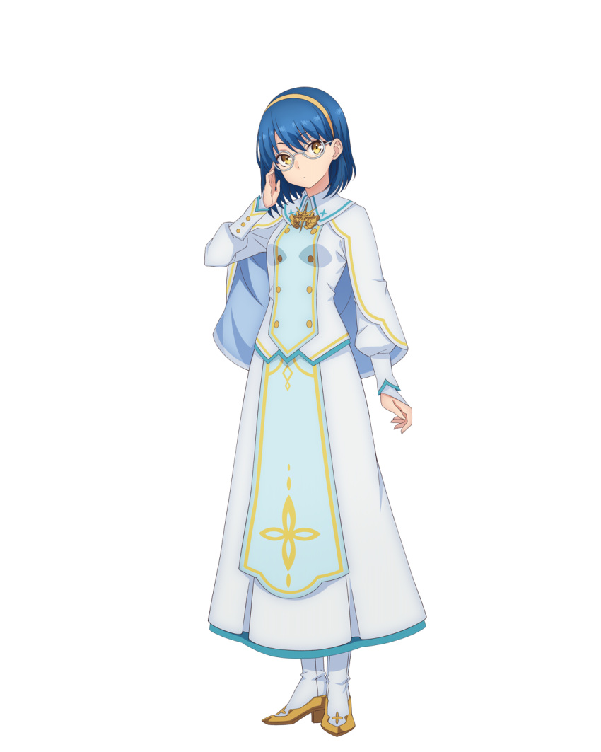 1girl, adjusting_eyewear, anime_coloring, blue_hair, boots, brown_eyes, capelet, closed_mouth, dress, full_body, glasses, hairband, hand_up, head_tilt, high_heel_boots, high_heels, highres, isshun_de_chiryou_shiteita_noni_yakutatazu_to_tsuihou_sareta_tensai_chiyushi_yami_healer_toshite_tanoshiku_ikiru, long_skirt, long_sleeves, looking_at_viewer, official_art, sawada_yoshihiro, short_hair, simple_background, skirt, solo, standing, transparent_background, umin_(yami_healer), white_boots, white_capelet, white_dress, yellow_hairband