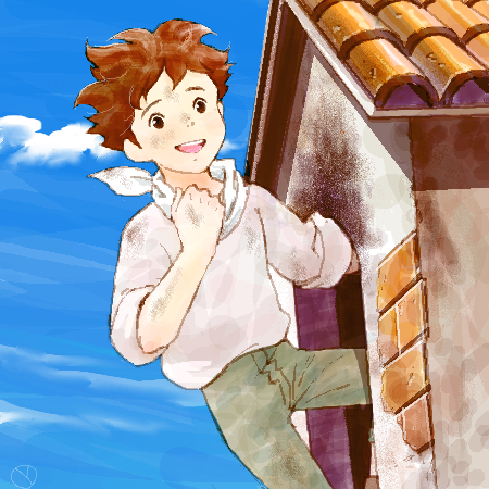 1boy, bandana, bandana_around_neck, black_eyes, blue_sky, brown_hair, clouds, commentary