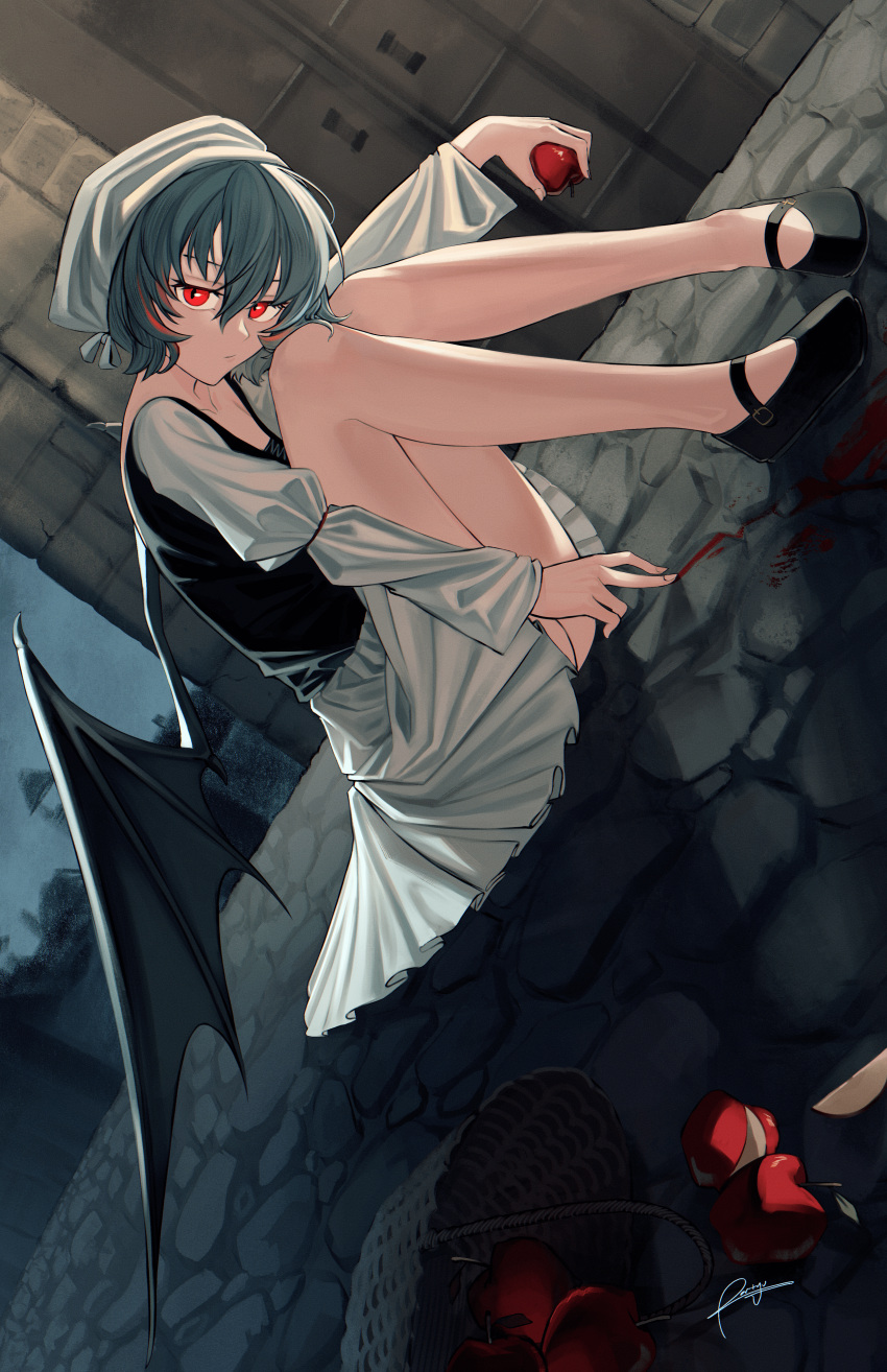 1girl, absurdres, alternate_costume, apple, apple_slice, basket, bat_wings, black_shirt