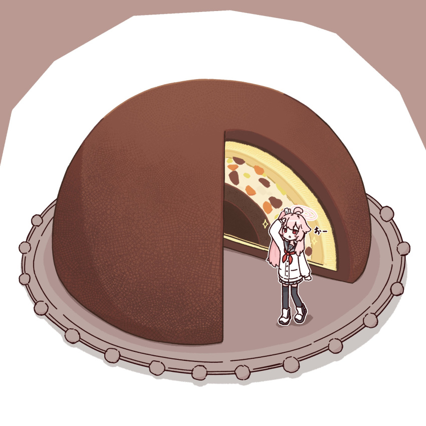 1girl, ahoge, arm_up, black_sailor_collar, black_thighhighs, blue_archive, boots, cake