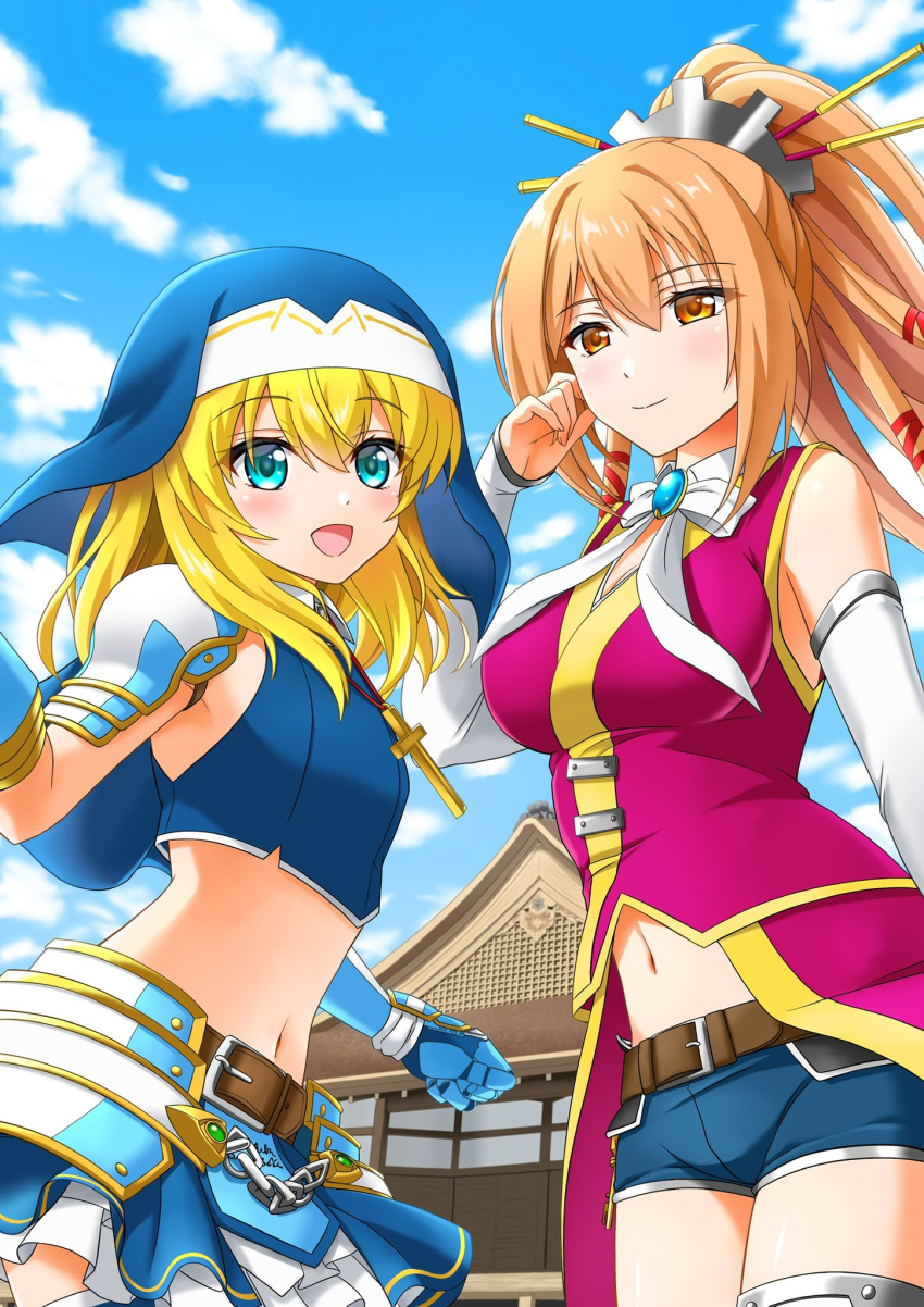 2girls, aqua_eyes, bandeau, bare_shoulders, belt, blonde_hair, blue_bandeau, blue_coif